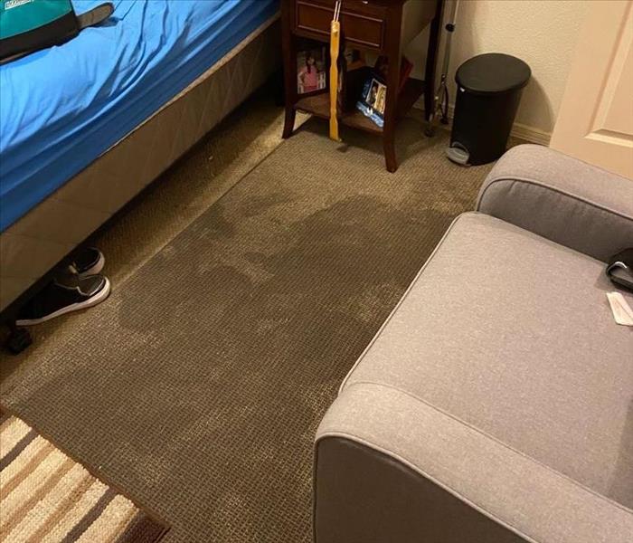 Bedroom with visible water stain on carpet