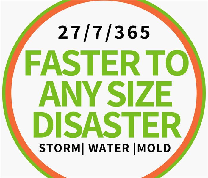 "Faster to any size disaster" in orange and green circle